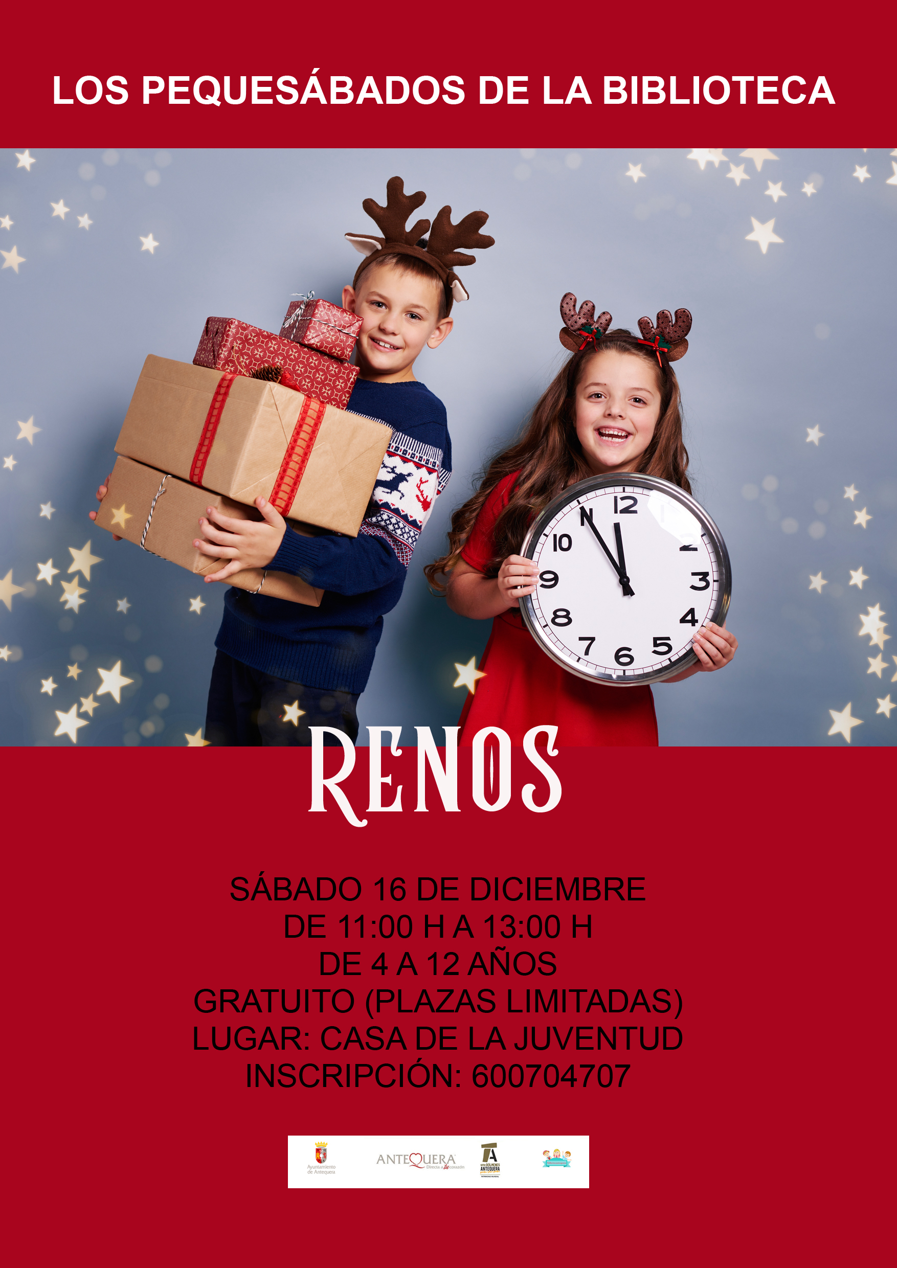 Cartel de los pequesabados de la biblioteca. Renos. Sábado 16 de diciembre de 11.00 a 13.00 h. De 4 a 12 años. Gratuito plazas limitadas. Casa de la Juventud.