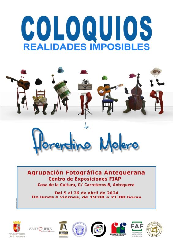 Cartel de la Exposición Fotográfica "Coloquios Imposibles" -Florentino Molero. Centro de exposiciones FIAP. Del 5 al 26 de abril de 2024. De lunes a viernes de 19.00 a 21.00 h.