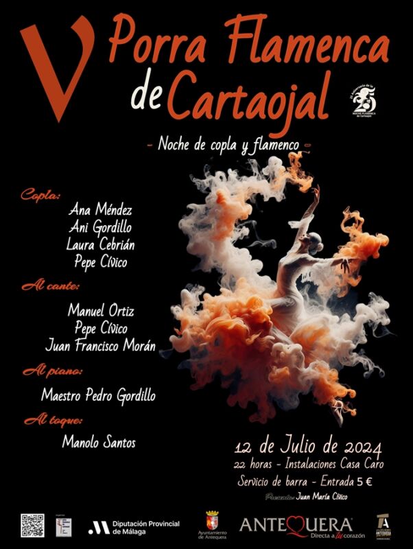 Cartel V Porra Flamenca de Cartaojal. Noche de copla y flamenco. 12 de Julio de 2024 a las 22.00 h. Instalaciones casa Caro. Entrada 5 euros.