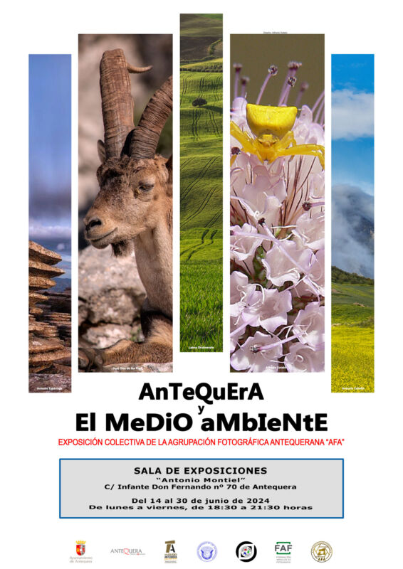 Cartel de la Exposición fotográfica "Antequera y el medio ambiente". Agrupación fotográfica Antequerana. Desde el 14 al 30 de junio de 2024. De lunes a viernes de 18.30 h. a 21.30 h.