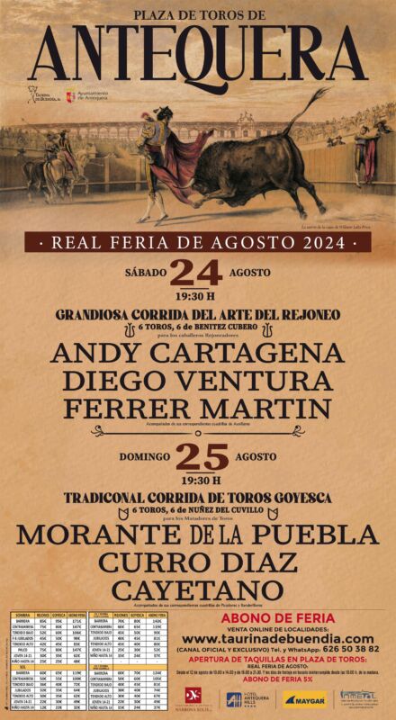 Festejos taurinos Real Feria de Agosto Antequera 2024. Sabado 24 Agosto. 19.30 h.