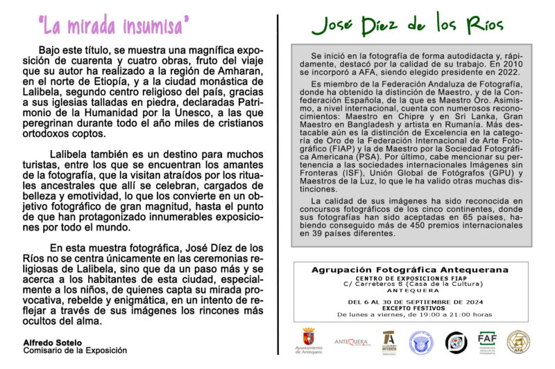 Hoja informativa de la exposición fotográfica "La mirada insumisa" de José Díez de los Ríos